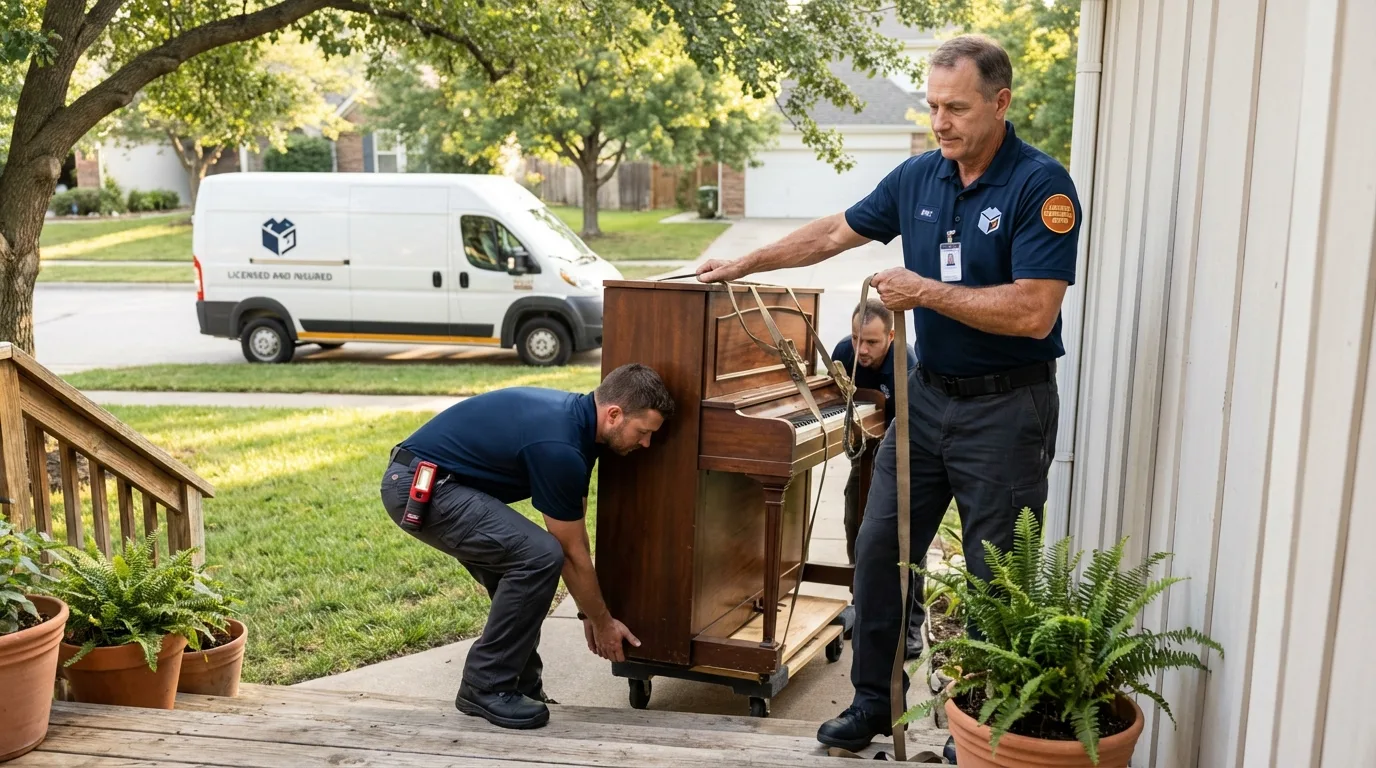 Licensed piano movers securing grand piano in New Albany, IN