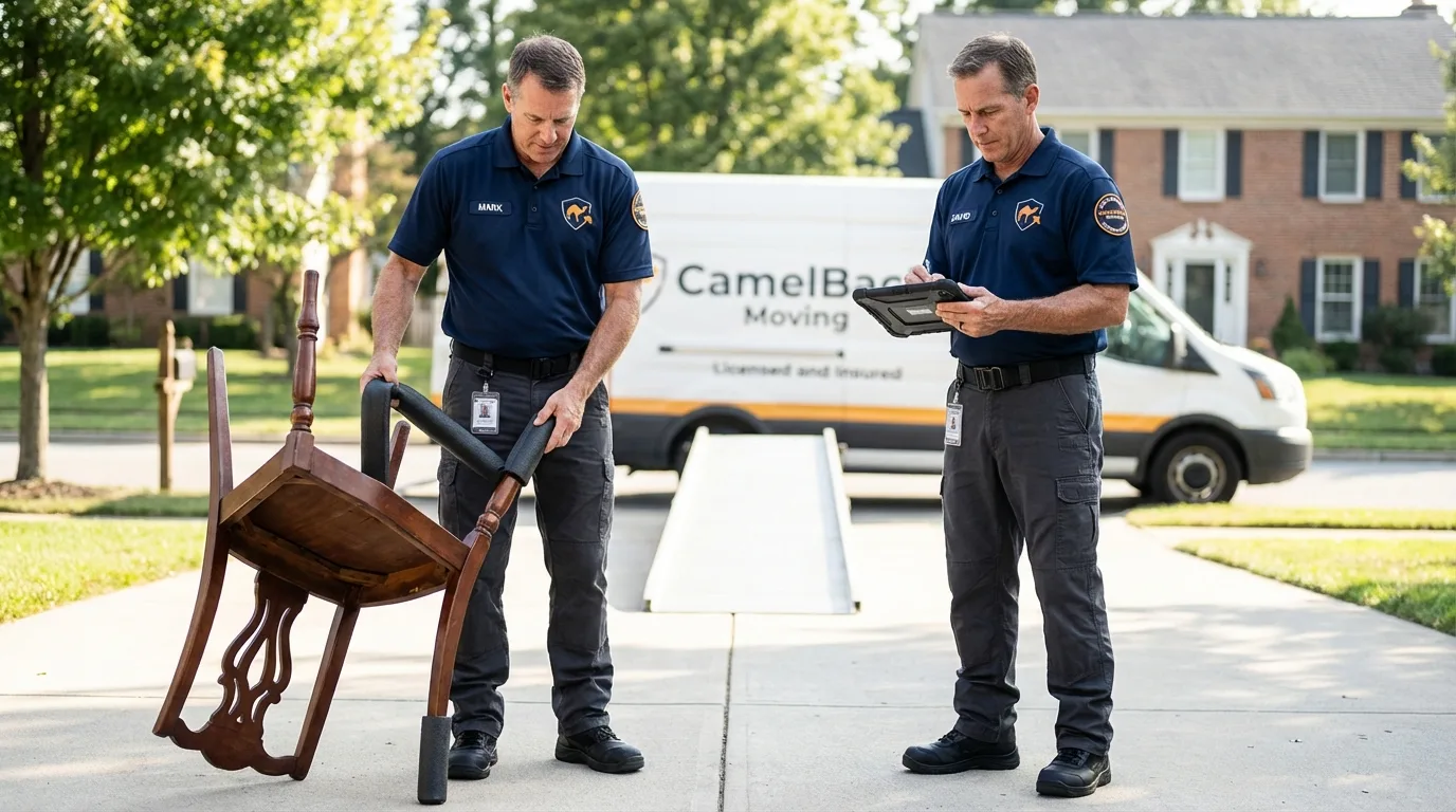 Movers inspecting furniture for damage prevention before loading in New Albany, IN