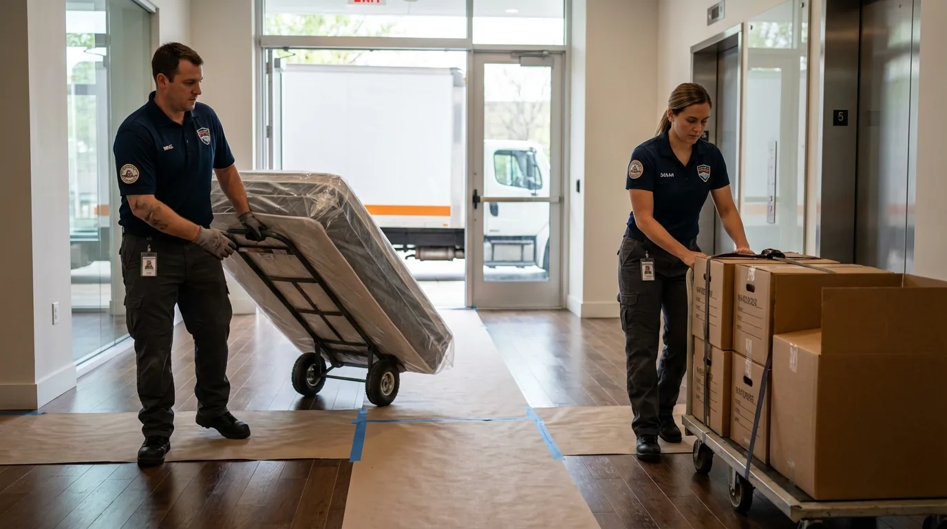 Professional apartment movers loading elevator in New Albany, IN