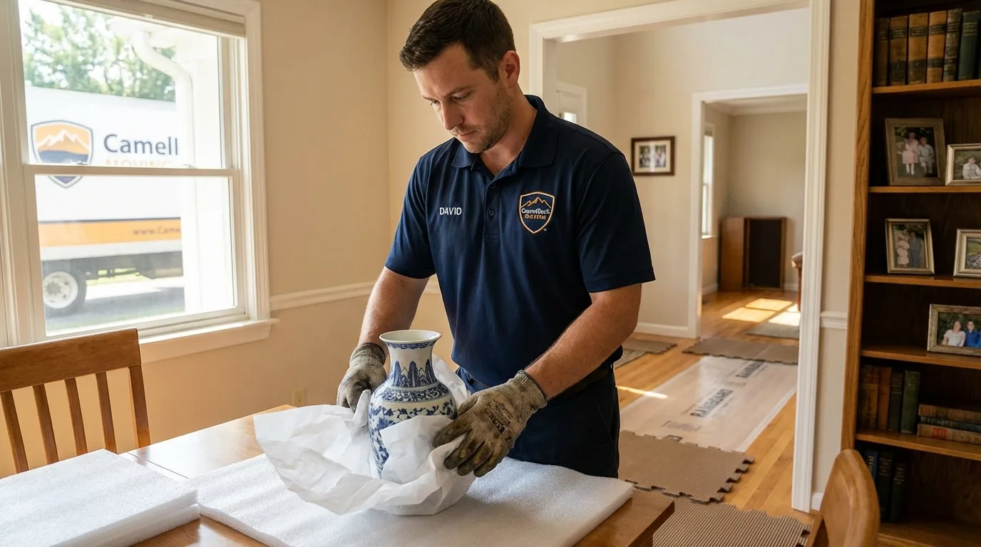 Professional crew carefully wrapping antique vase for senior downsizing move in New Albany, IN